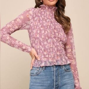 Lulus Sophisticated Blossom Mauve Floral Mesh Smocked Mock Neck Top XS